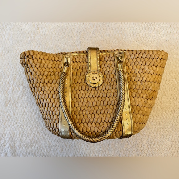 Michael Kors Santorini Raffia Gold Studded Leather Trim Shoulder Bag - Picture 1 of 9